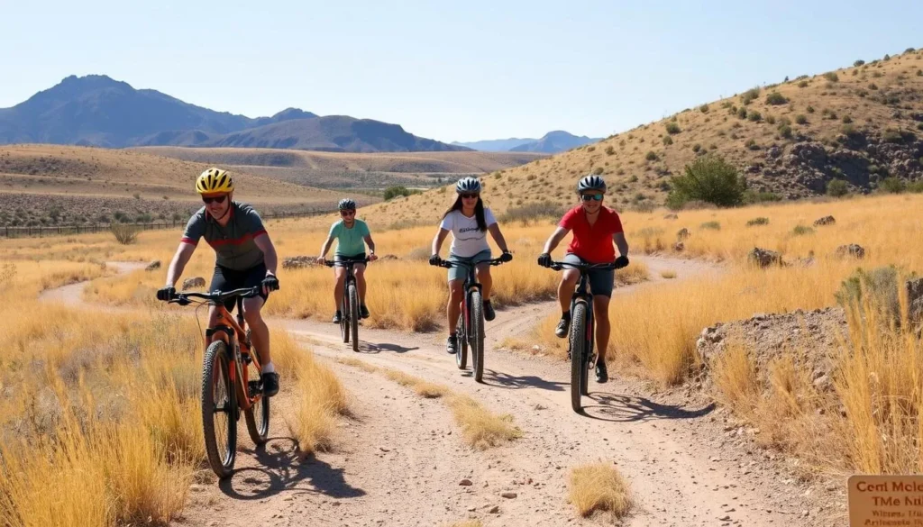 Mountain bikers enjoying trails through Canelo Hills Cienega Reserve Arizona grasslands Mountain bikers enjoying trails through Canelo Hills Cienega Reserve Arizona grasslands