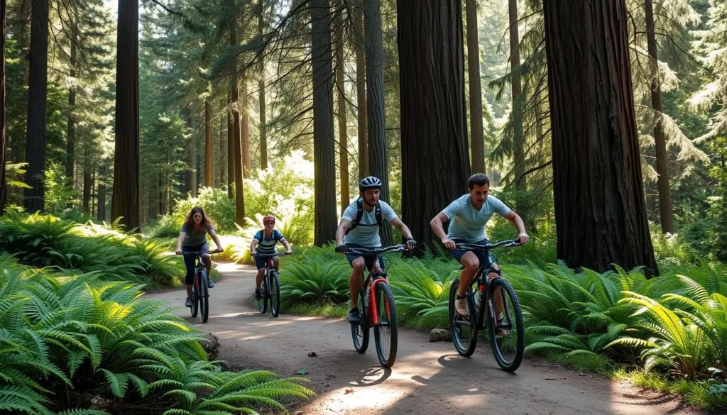 Mountain bikers on a forest trail in Mendocino Woodlands State Park Mountain bikers on a forest trail in Mendocino Woodlands State Park