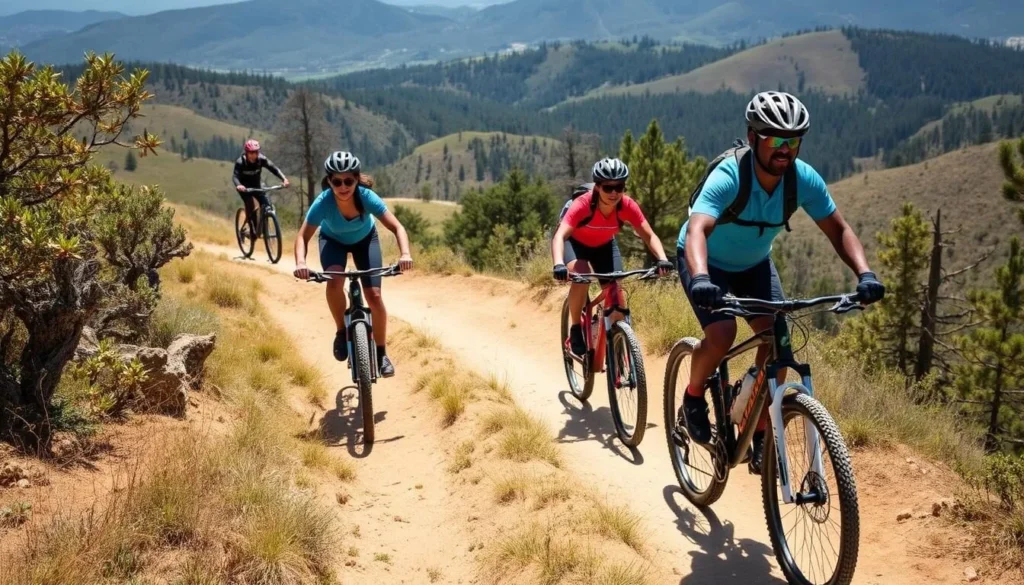Mountain bikers on a trail at Mount Tamalpais State Park with scenic backdrop Mountain bikers on a trail at Mount Tamalpais State Park with scenic backdrop