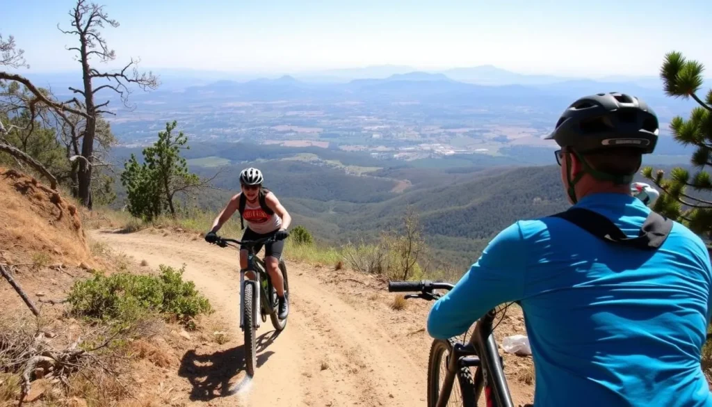 Mountain bikers on a trail in Mount Diablo State Park with scenic valley views Mountain bikers on a trail in Mount Diablo State Park with scenic valley views