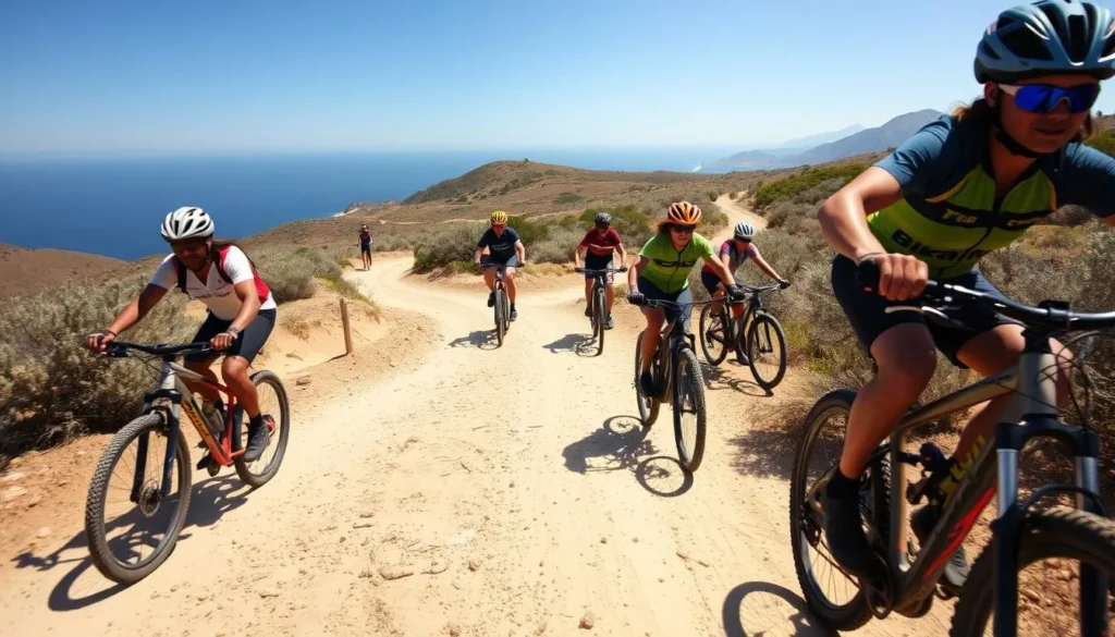 Mountain bikers on a trail in Point Mugu State Park with coastal views Mountain bikers on a trail in Point Mugu State Park with coastal views