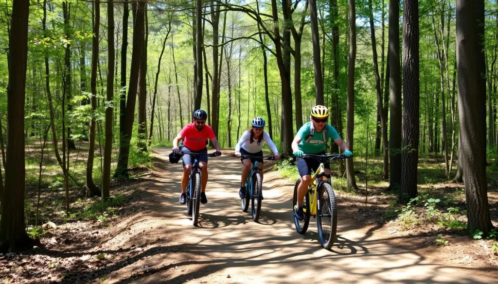 Mountain bikers on trails at Lake Nockamixon State Park surrounded by forest Mountain bikers on trails at Lake Nockamixon State Park surrounded by forest
