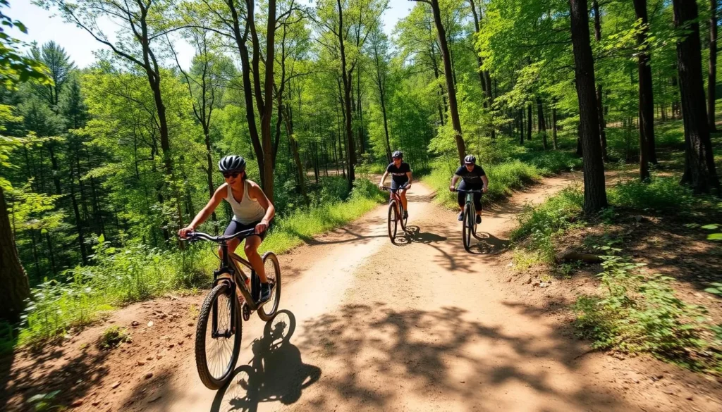 Mountain biking on trails at Evansburg State Park Pennsylvania with cyclists navigating through forest paths