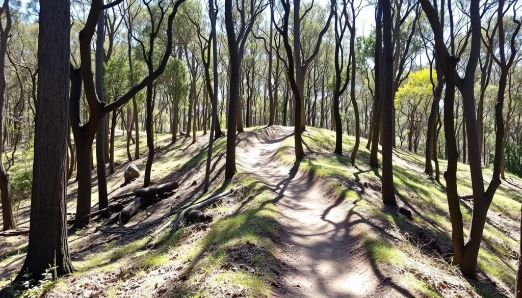 Mountain biking trails in You Yangs Regional Park Victoria through eucalyptus forest Mountain biking trails in You Yangs Regional Park Victoria through eucalyptus forest