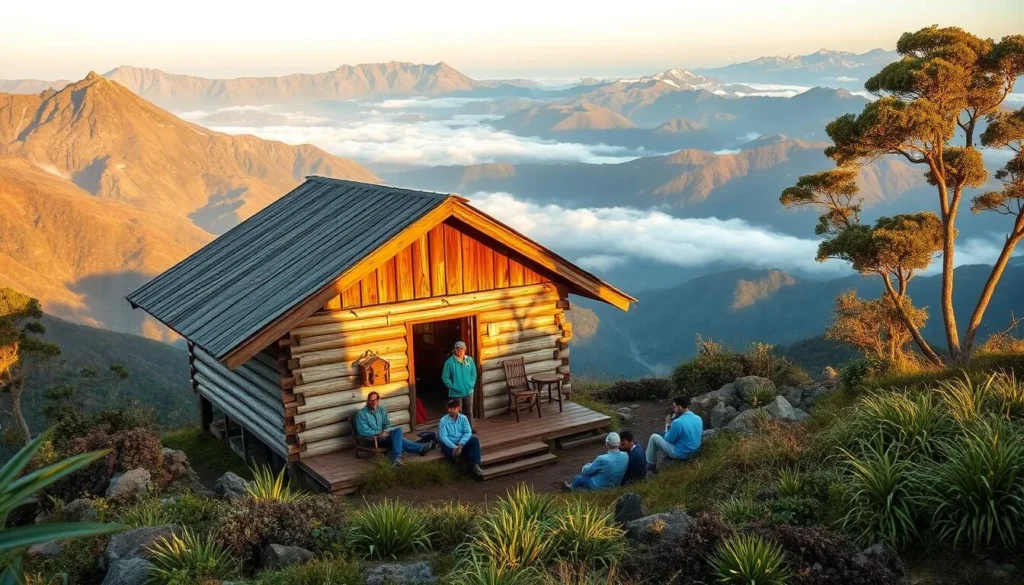 Mountain hut accommodation on Mount Stanley trek with stunning mountain views