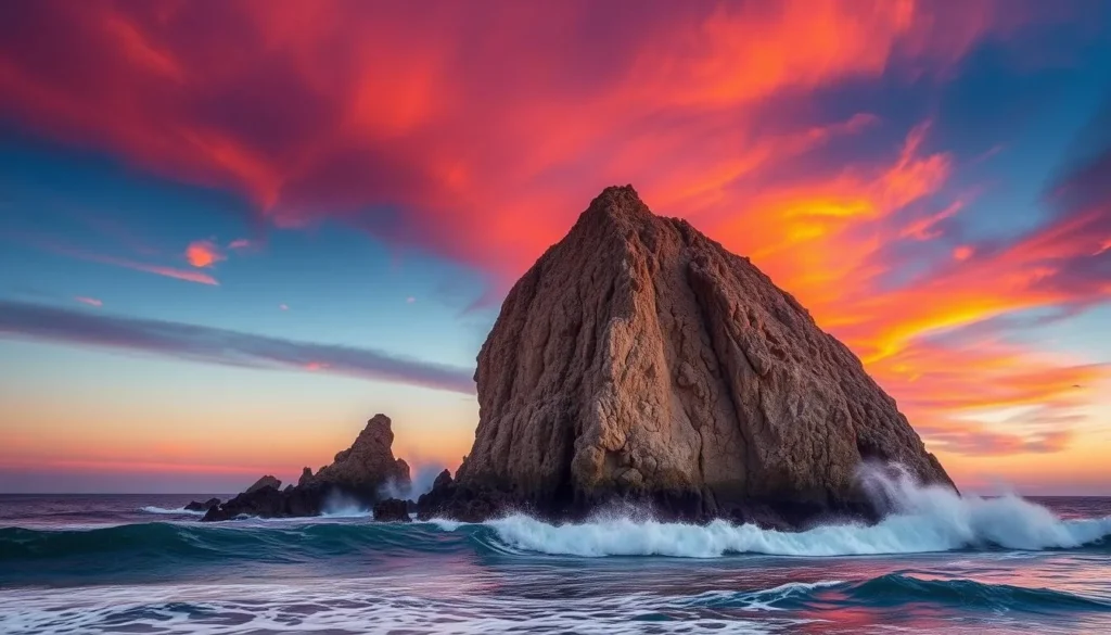 Mugu Rock at sunset with waves crashing around its base Mugu Rock at sunset with waves crashing around its base