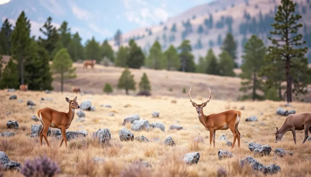 Mule deer grazing in a meadow in Hualapai Mountains with pine forest backdrop Mule deer grazing in a meadow in Hualapai Mountains with pine forest backdrop