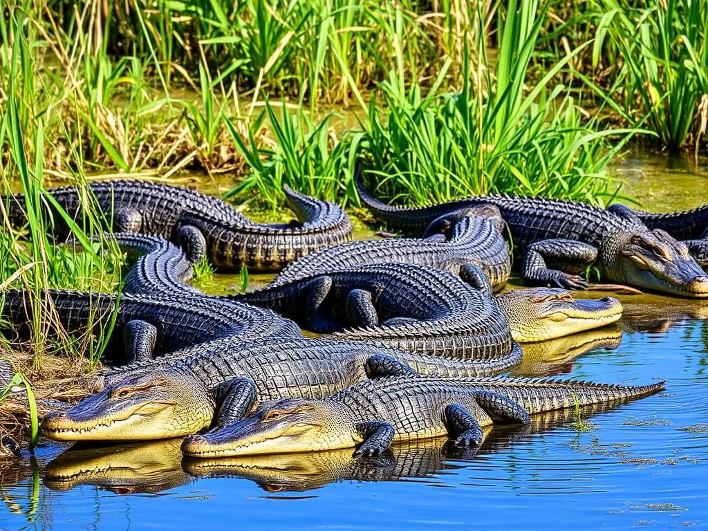 Multiple alligators in their natural habitat at Cameron Prairie Wetlands Louisiana