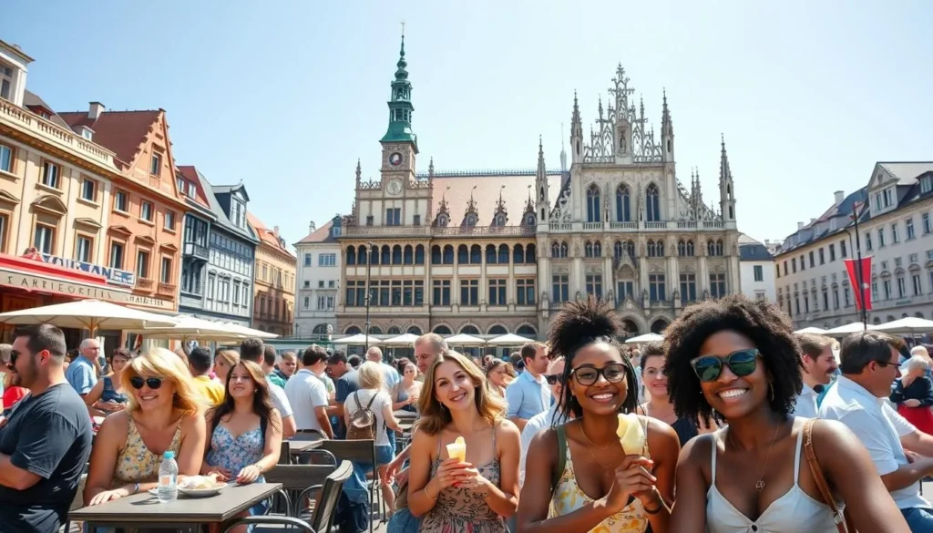 Munich's Marienplatz in summer with outdoor cafes and people enjoying the sunshine
