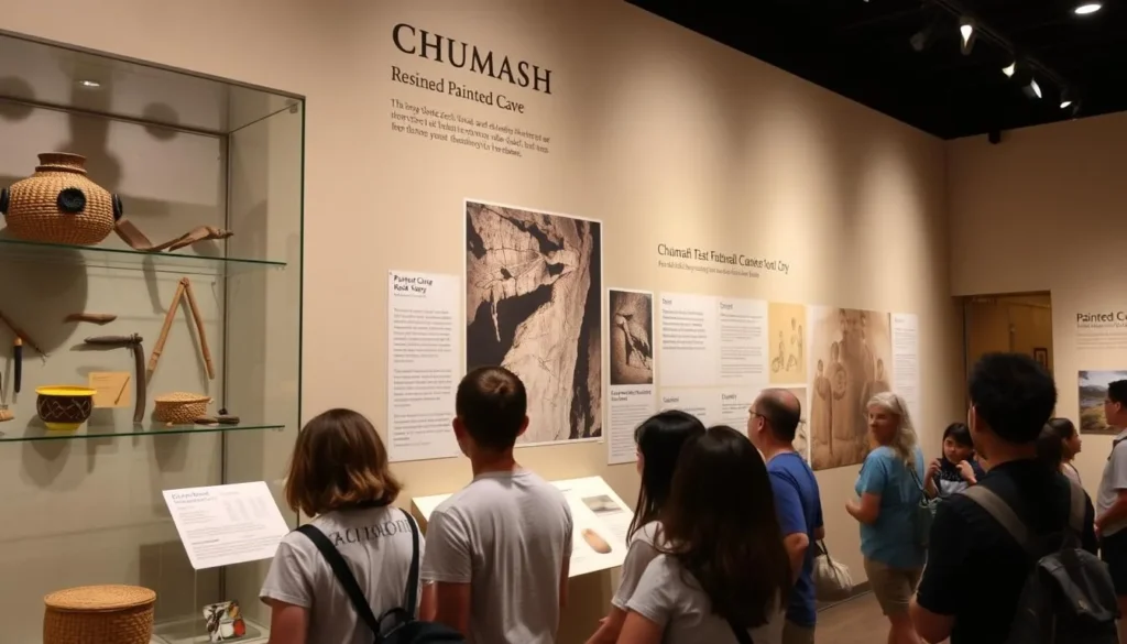 Museum exhibit displaying Chumash artifacts, basketry, and cultural information related to the Painted Cave rock art Museum exhibit displaying Chumash artifacts, basketry, and cultural information related to the Painted Cave rock art