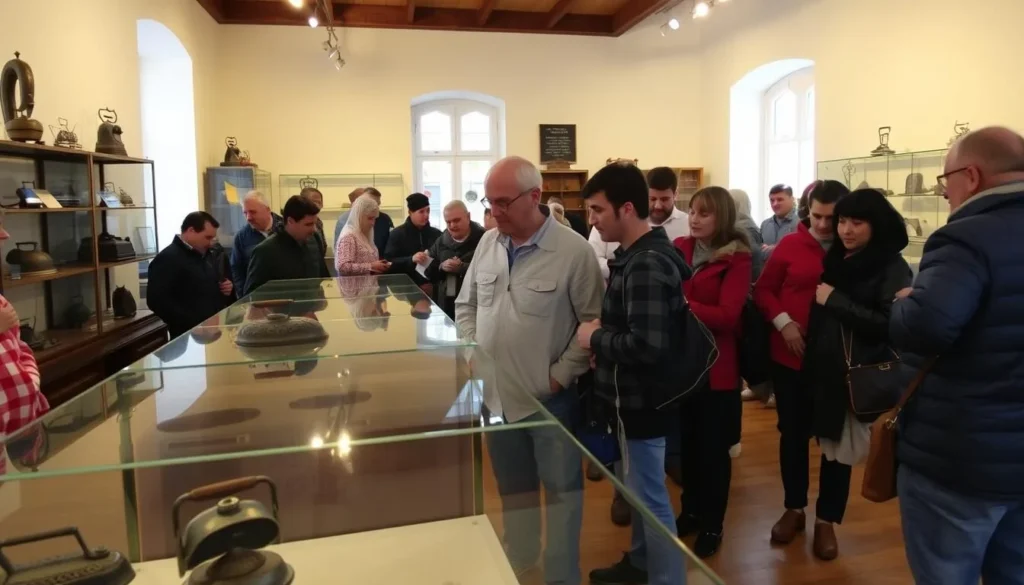Museum of Iron exhibit in Pereslavl-Zalessky near Lake Plescheevo with visitors viewing antique irons