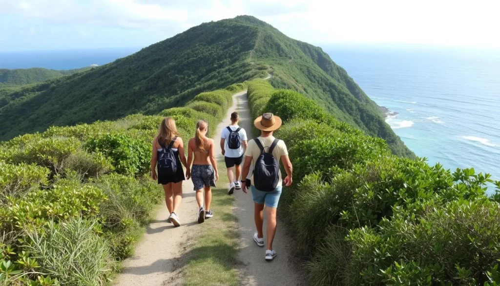 Narrow coastal path on Terre-de-Bas Island with people walking along the scenic route