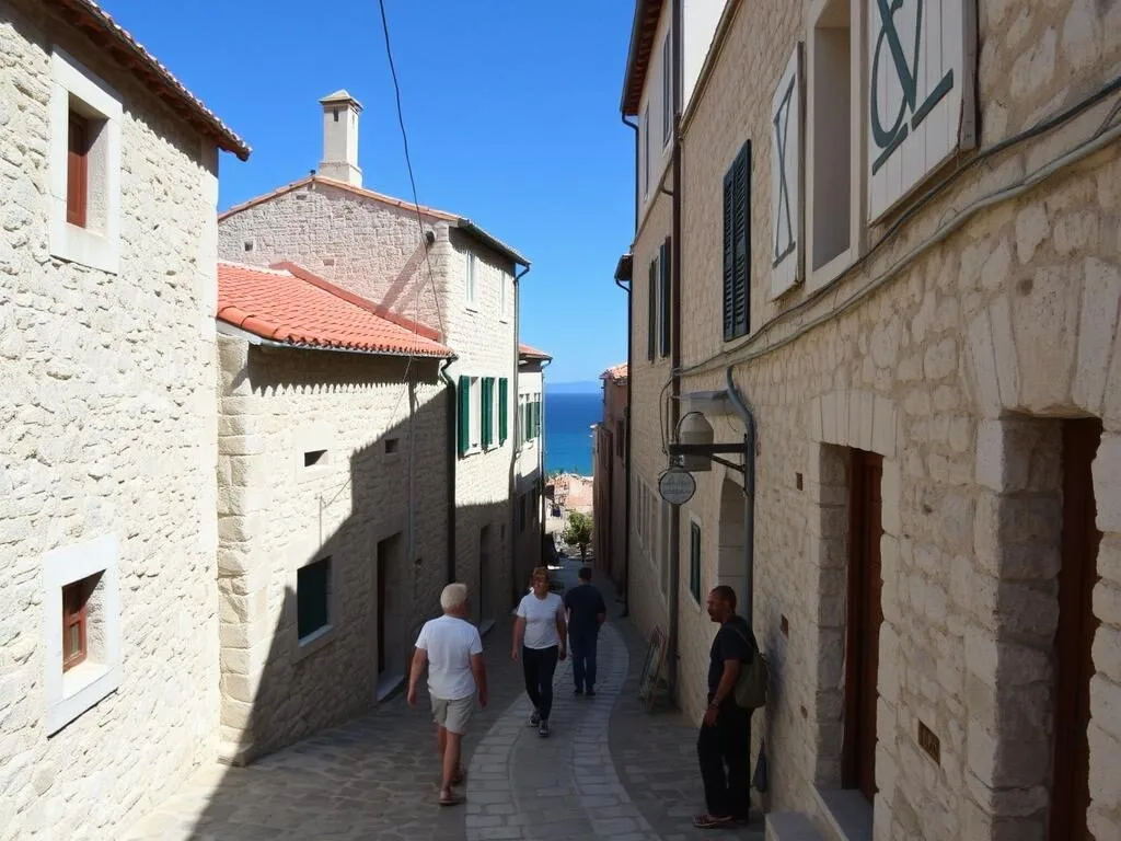 Narrow stone street in Lubenice village with traditional architecture Narrow stone street in Lubenice village with traditional architecture