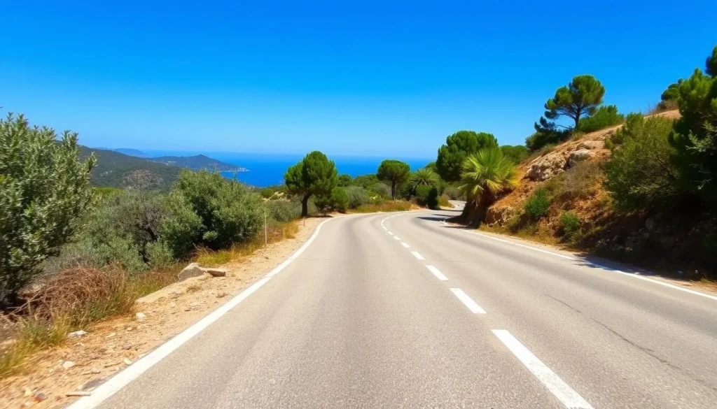 Narrow winding road through Cres Island with Mediterranean vegetation on both sides Narrow winding road through Cres Island with Mediterranean vegetation on both sides