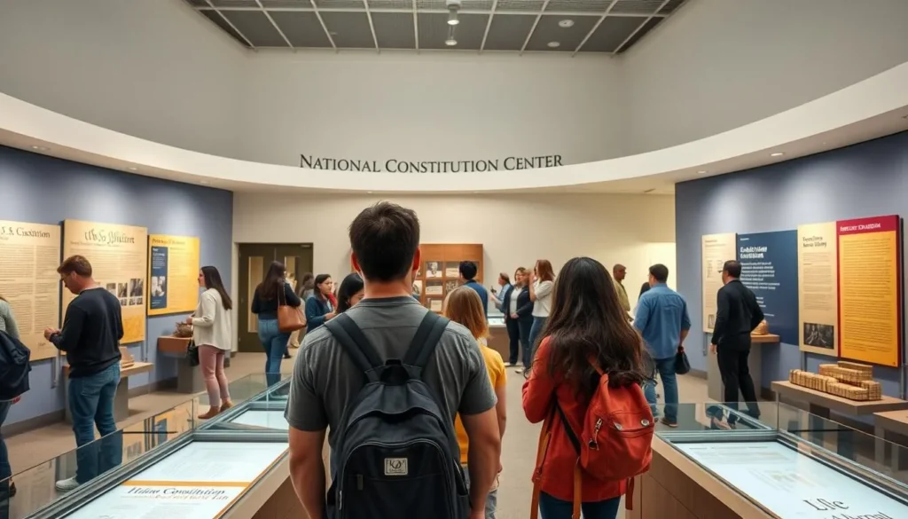 National Constitution Center with diverse visitors exploring exhibits National Constitution Center with diverse visitors exploring exhibits