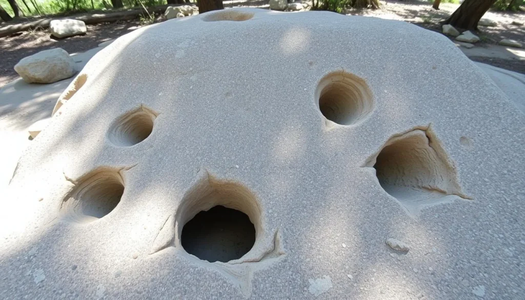 Native American grinding holes at Silvercrest area in Palomar Mountain State Park showing the cultural heritage of the region