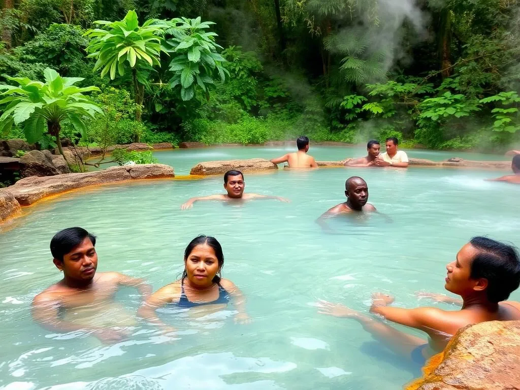 Natural hot springs at Wondo Genet with people relaxing in the therapeutic waters surrounded by forest