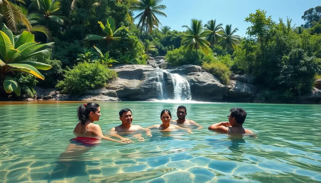 Natural swimming hole in Rio Caburní near Santo Domingo Cuba with tourists enjoying the water