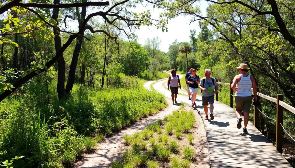 Nature trail through Bayou Bienvenue Triangle with diverse group of hikers enjoying the scenery