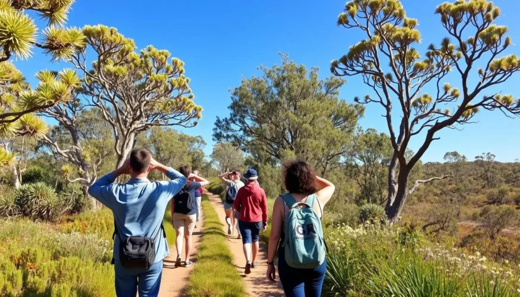 Nature trail through bushland at Naracoorte Caves National Park with visitors bird watching