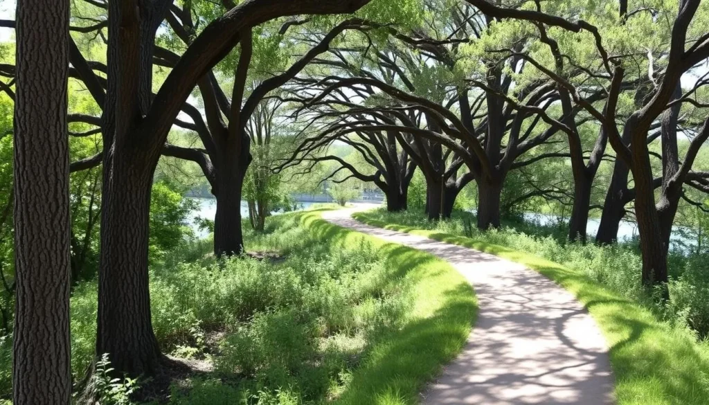 Nature trail winding through the oak woodland at Caswell Memorial State Park with dappled sunlight Nature trail winding through the oak woodland at Caswell Memorial State Park with dappled sunlight