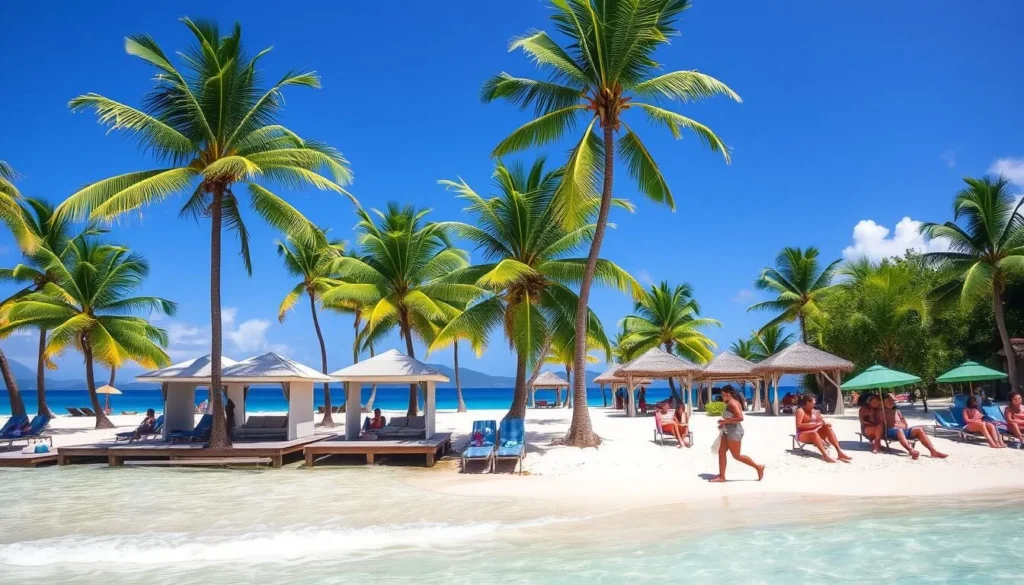 Nellie's Beach in Labadee with cabanas, palm trees, and crystal clear water