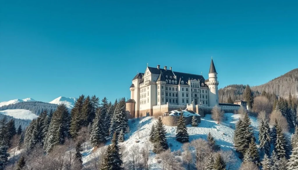 Neuschwanstein Castle in winter with snow-covered landscape and mountains