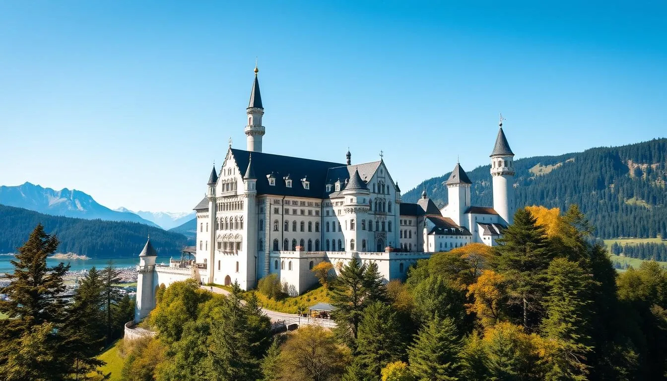 Neuschwanstein Castle perched on a hillside with the Bavarian Alps in the background on a clear sunny day