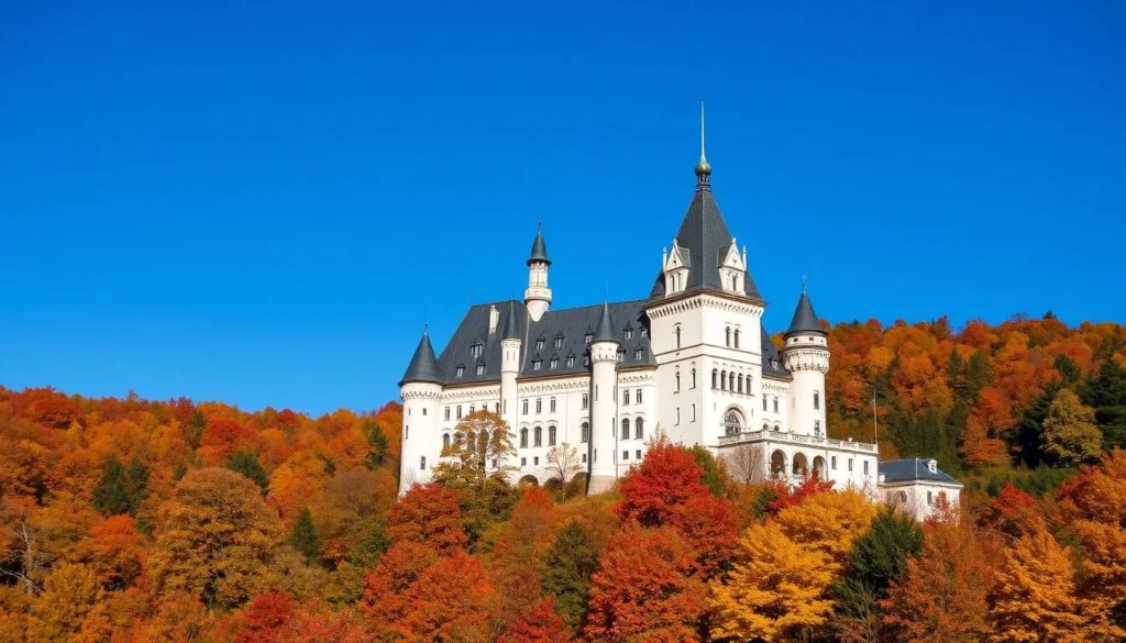Neuschwanstein Castle surrounded by autumn foliage with colorful trees