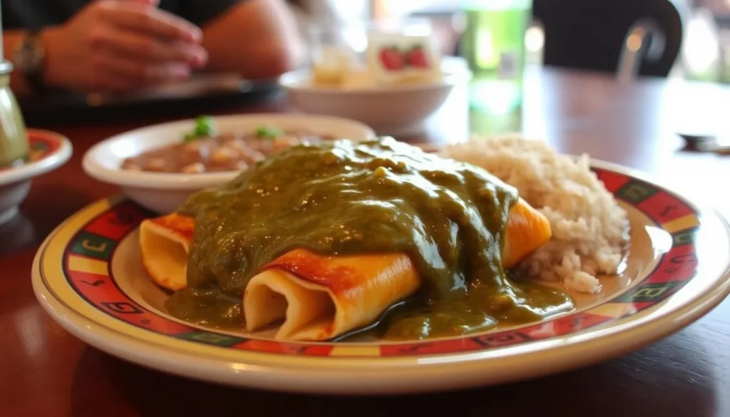 New Mexican cuisine dish with green chile served at a local restaurant New Mexican cuisine dish with green chile served at a local restaurant