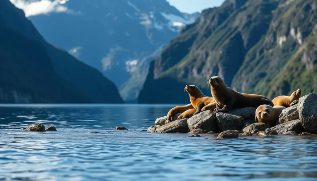New Zealand fur seals resting on rocks at Milford Sound with mountains in background