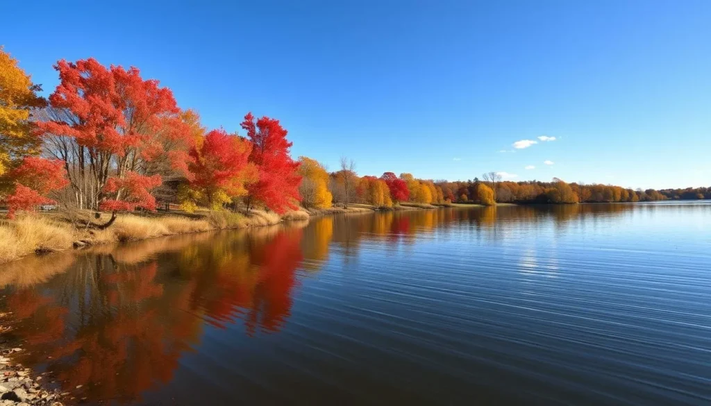 Newton Lake State Park in autumn with colorful fall foliage reflecting in the calm lake waters Newton Lake State Park in autumn with colorful fall foliage reflecting in the calm lake waters