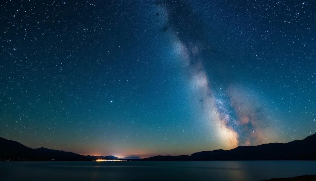 Night sky over Alamo Lake with brilliant stars and Milky Way visible