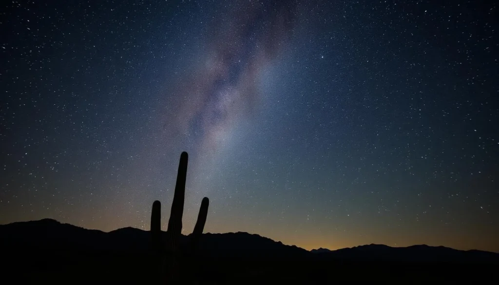 Night sky with stars over Cabeza Prieta National Wildlife Refuge desert landscape