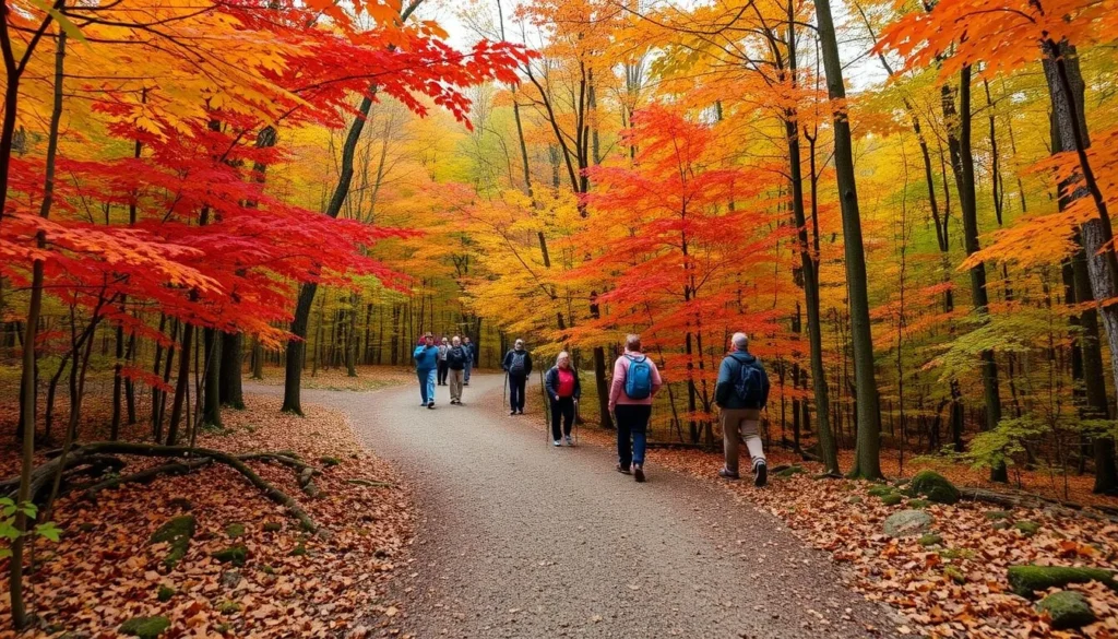Nolde Forest in autumn with colorful fall foliage along a hiking trail Nolde Forest in autumn with colorful fall foliage along a hiking trail