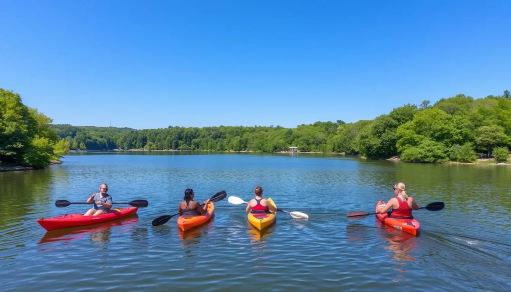 North Park Lake in McCandless with people kayaking and enjoying water activities North Park Lake in McCandless with people kayaking and enjoying water activities