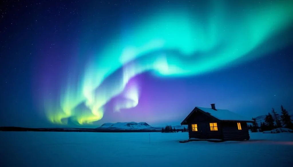 Northern lights dancing over snowy Arctic landscape with a small cabin in the foreground