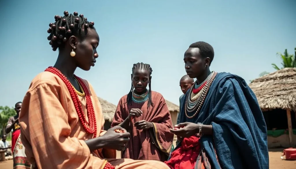 Nuer people near Gambela National Park Ethiopia in traditional dress performing cultural activities