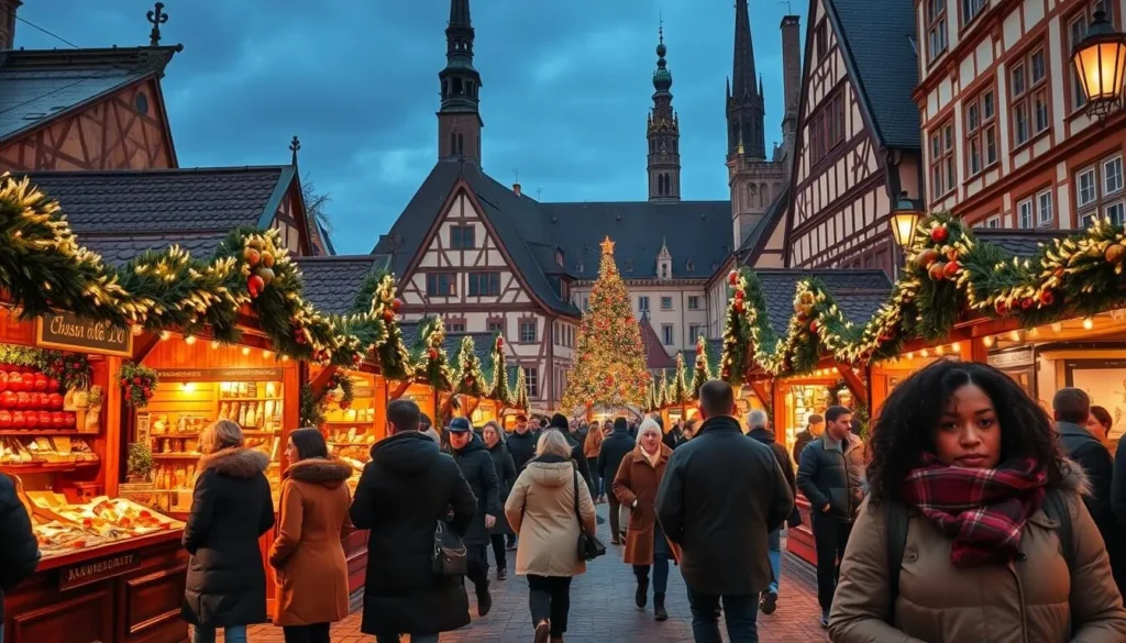 Nuremberg Christmas Market with traditional wooden stalls and festive decorations