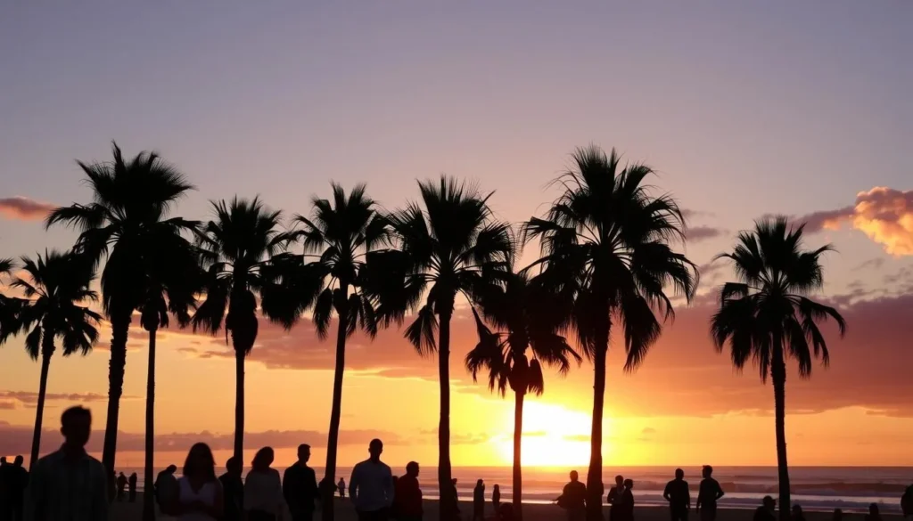 Ocean Beach sunset with silhouettes of palm trees and people enjoying the colorful sky