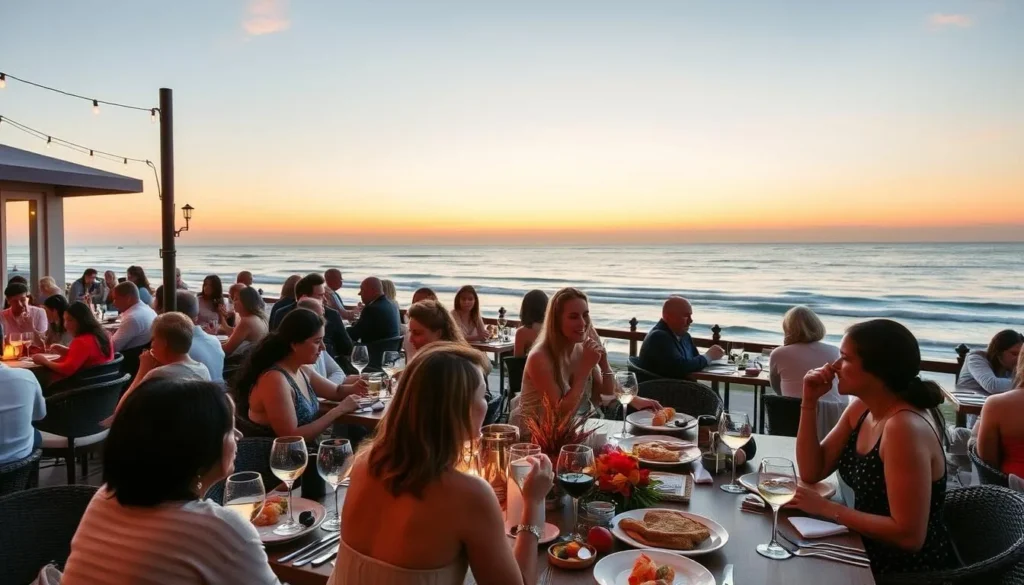 Oceanfront restaurant in Laguna Beach with diners enjoying fresh seafood and sunset views Oceanfront restaurant in Laguna Beach with diners enjoying fresh seafood and sunset views