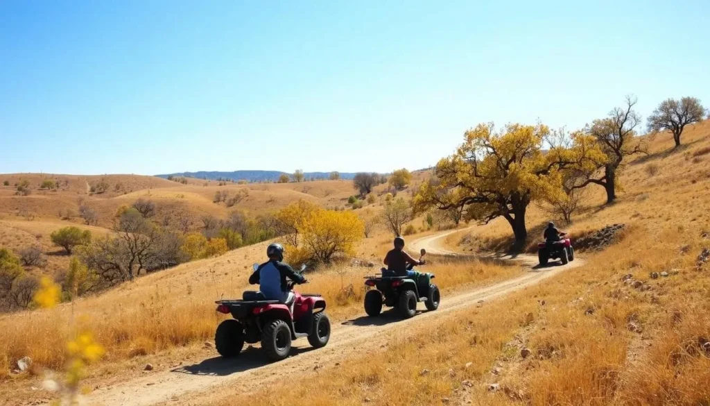 Off-road vehicles navigating Prairie City SVRA trails during fall season with golden hills Off-road vehicles navigating Prairie City SVRA trails during fall season with golden hills