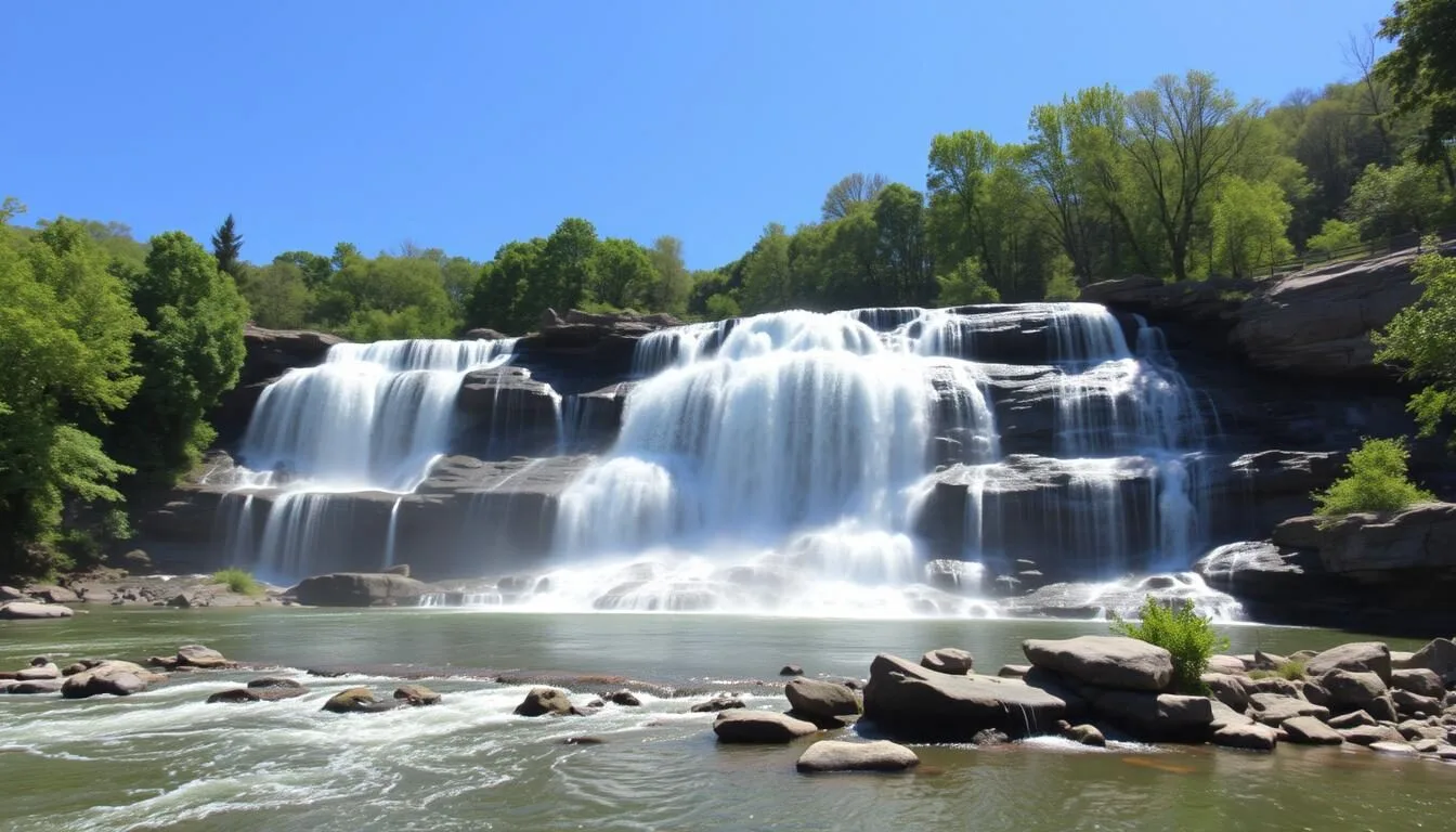 Ohiopyle-Falls-cascading-across-the-Youghiogheny-River-in-Ohiopyle-State-Park-Pennsylvania Ohiopyle Falls cascading across the Youghiogheny River in Ohiopyle State Park, Pennsylvania