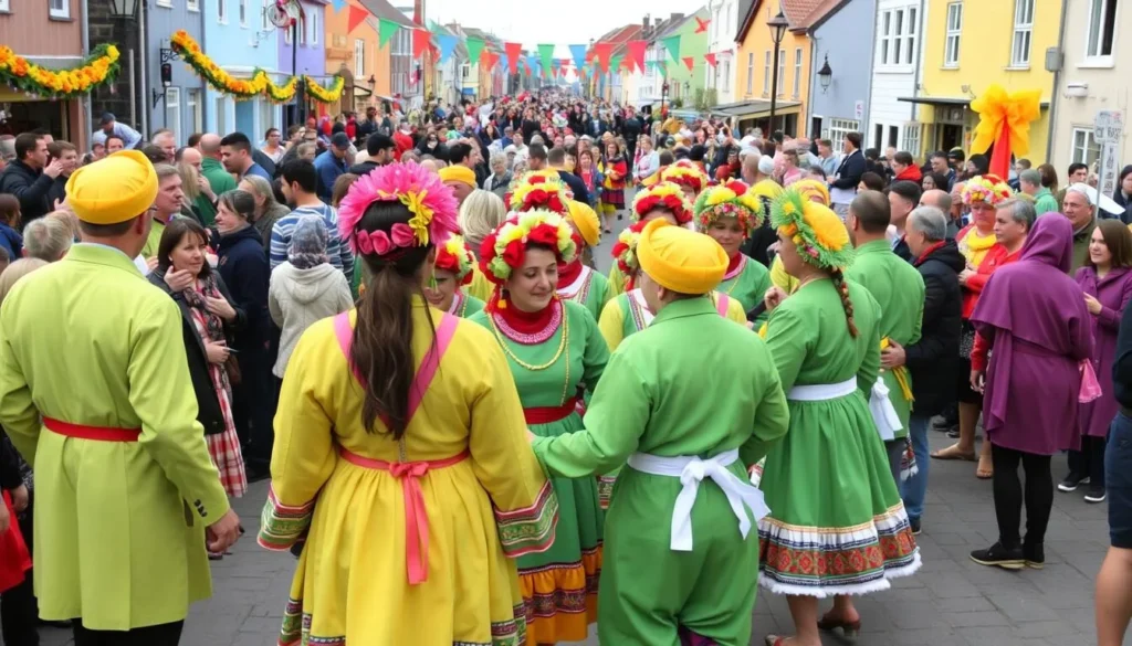 Ólavsøka festival celebrations in Tórshavn with people in traditional Faroese costumes