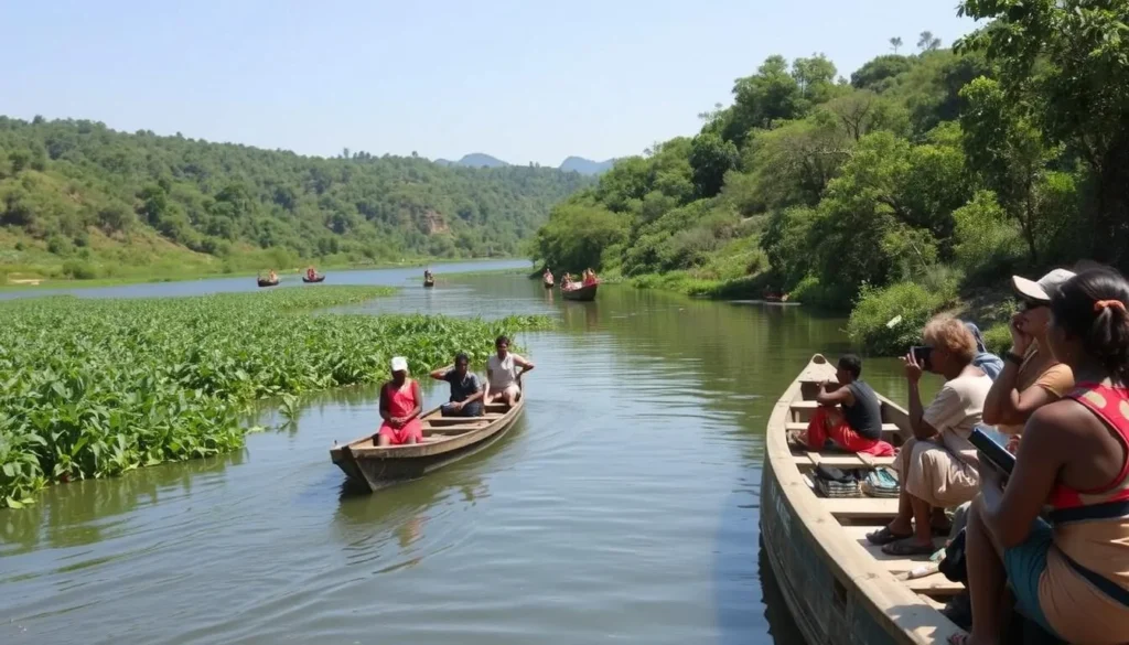 Omo River landscape with traditional canoes and diverse tourists enjoying the scenery