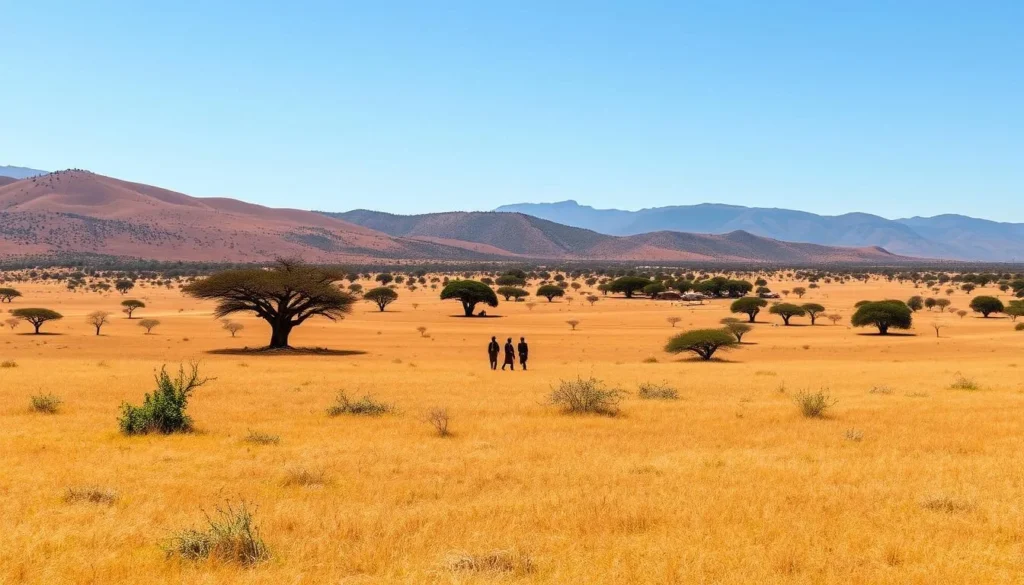 Omo Valley landscape during dry season showing golden savanna with traditional tribal settlements under clear blue skies
