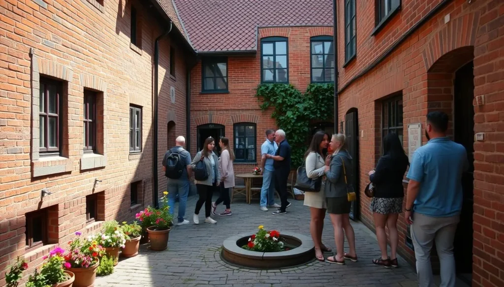 One of Lübeck's charming hidden courtyards with traditional architecture and flowering plants