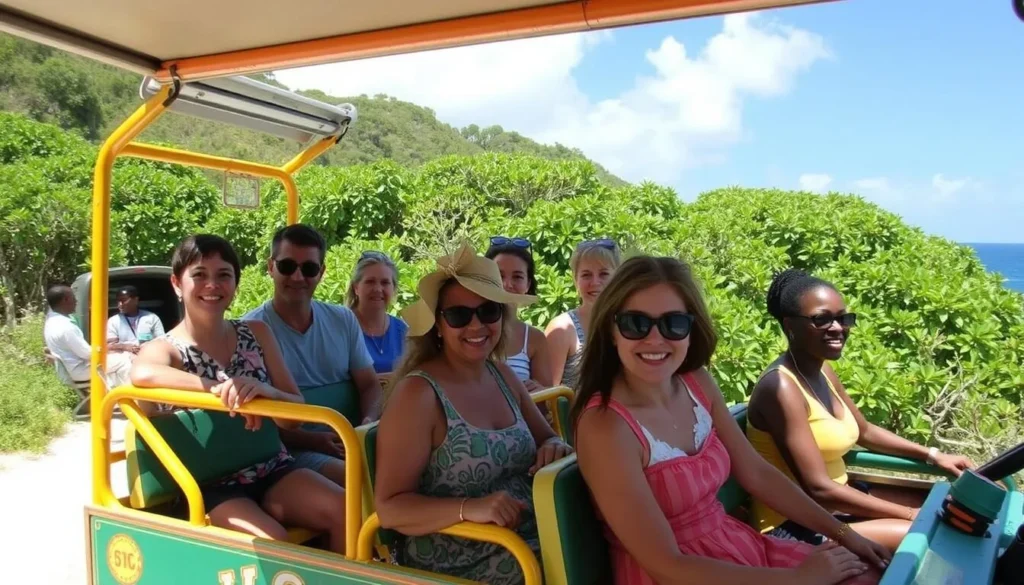 Open-air safari taxi transporting tourists to The Baths Virgin Gorda