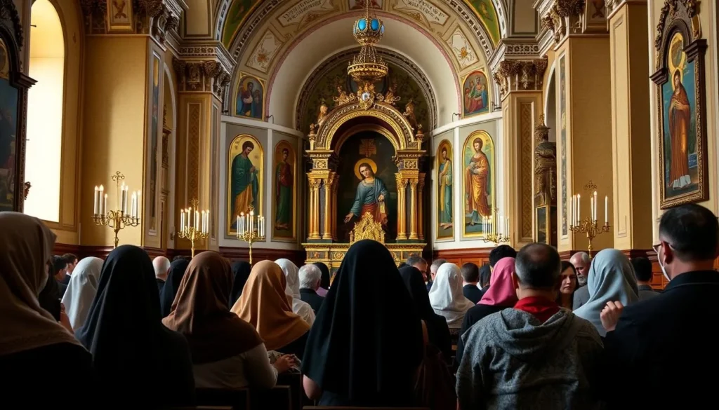 Orthodox church service in Smolensk with visitors observing proper etiquette