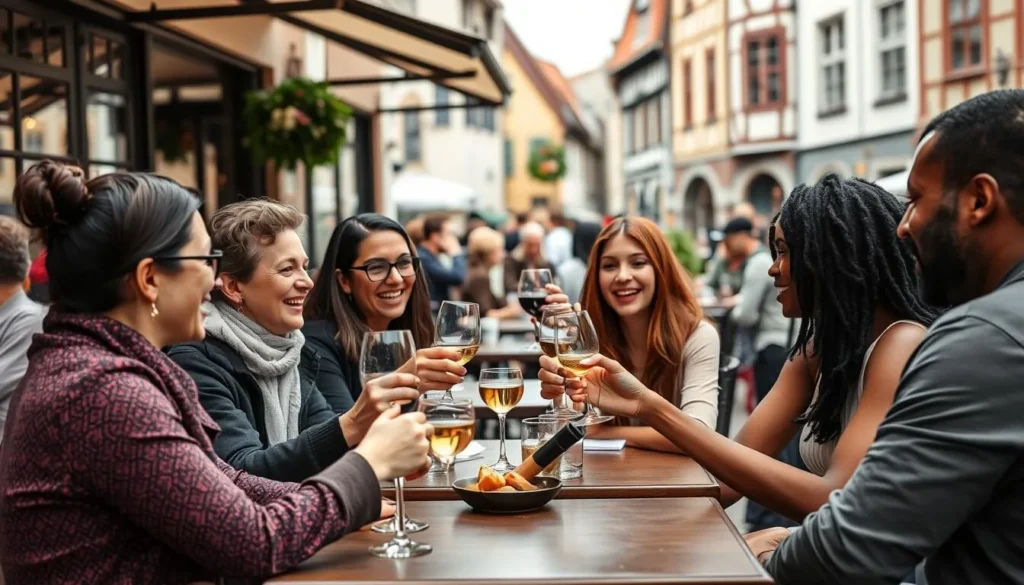 Outdoor cafe in Mainz with locals and tourists enjoying drinks together